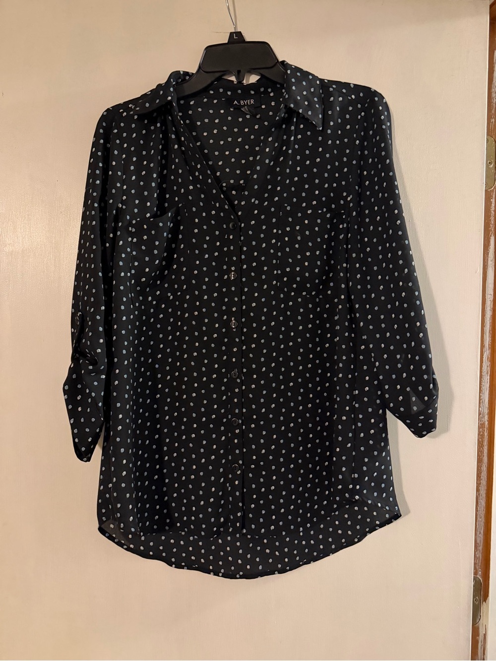 A. Byer Black Blouse with White Polka Dots